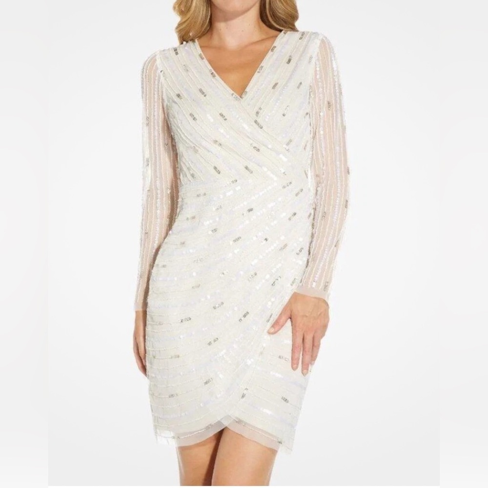 NWT Adrianna Papell White Beaded Sequins Embellished Dress Sheer Sleeves V-Neck